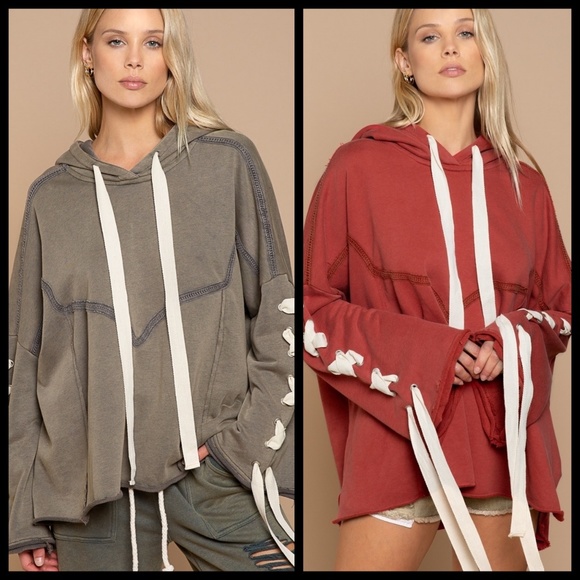 POL “Urban Chic” French Terry Hoodie Top Criss Cross Laces Down Sleeves Raw Hem - Picture 11 of 16